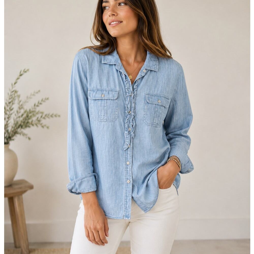 Talbots Ruffled Chambray Button Down Shirt Womens S Coastal Grandma Western Top